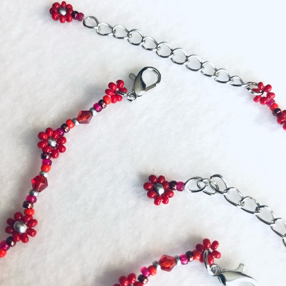 Red Flower Choker Necklace Bracelet Set Daisy Crystal Silver Y2K Boho New - Picture 4 of 8